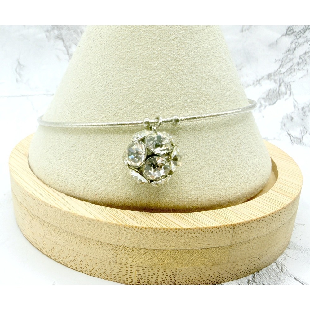 Minimalist Crystal Charm Bangle Bracelet Silver Tone Glass‎ Rhinestone 8.5"
